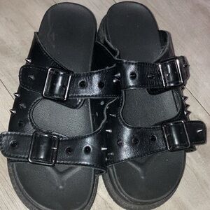 Black Studded Slide Sandals with Buckle Straps